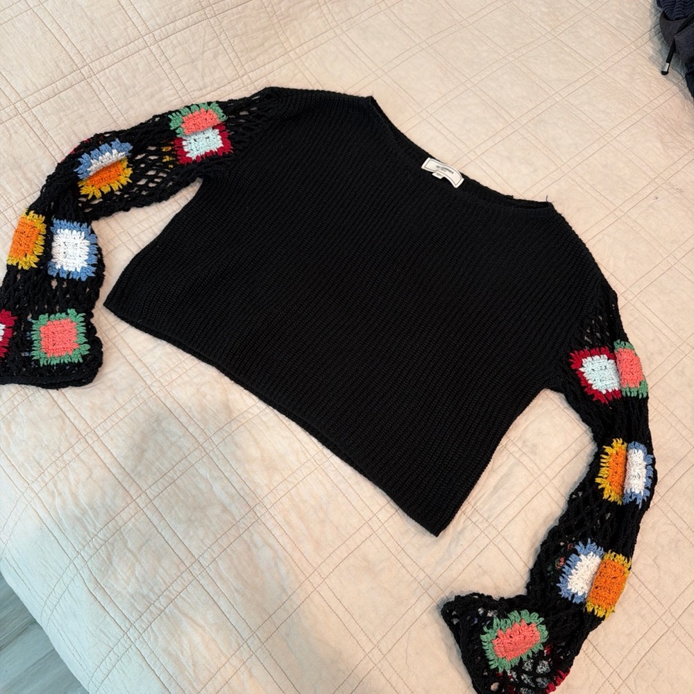 no comment knit boho crop lightweight sweater with colorful crochet sleeves